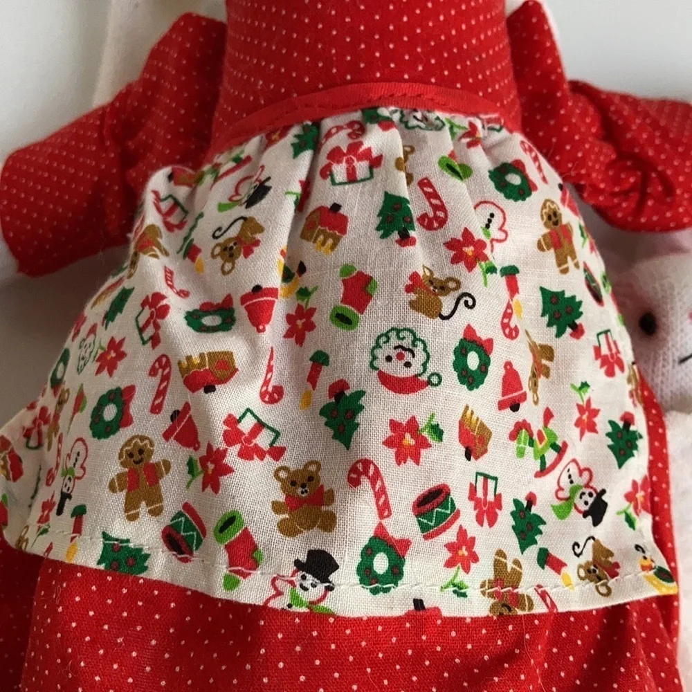 Vintage 80s Christmas sock bunny and baby red dress and Christmas print apron